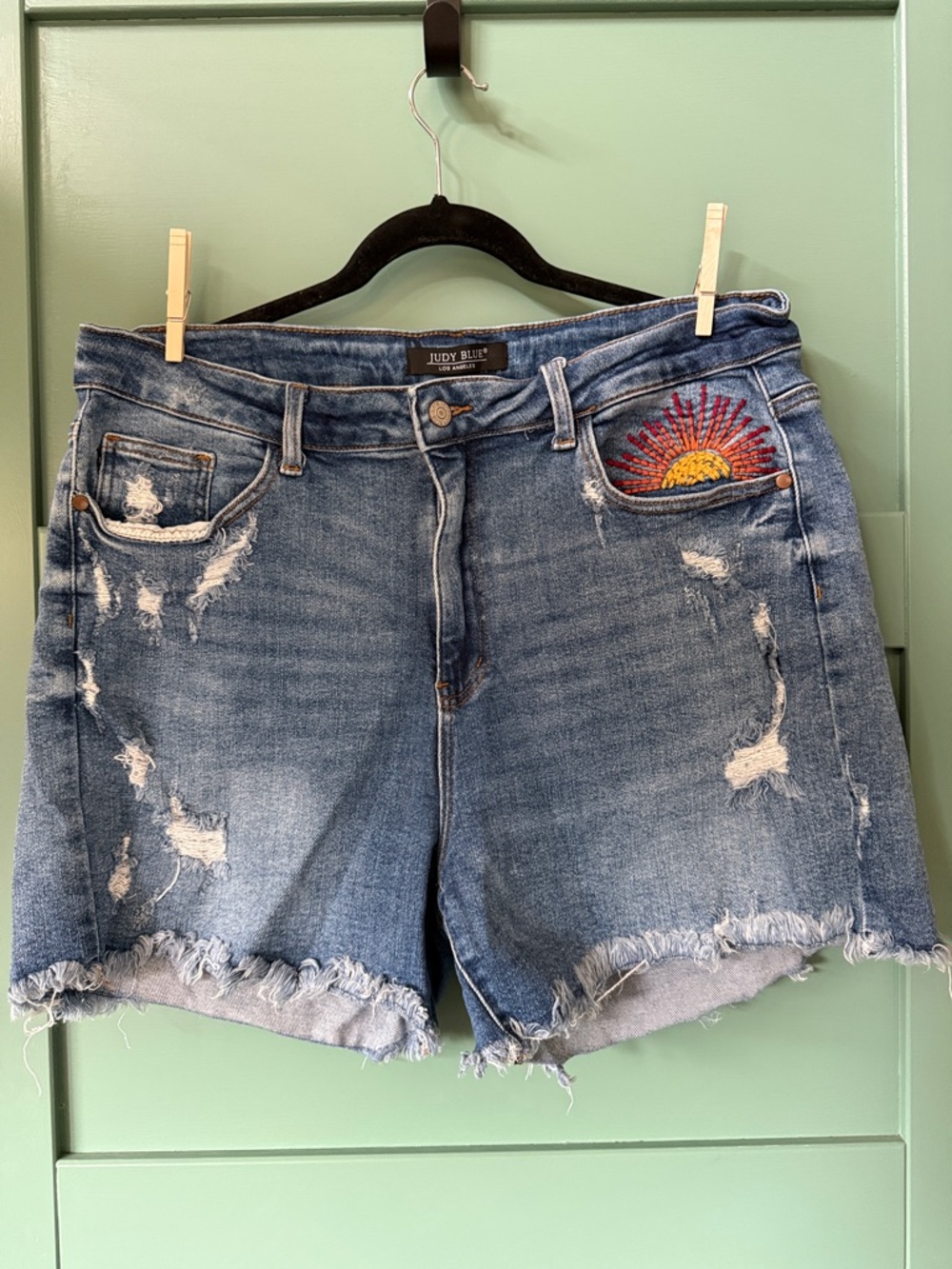 Judy Blue Mid-Rise Distressed Denim Shorts with Sun Pocket Embroidery - Blue